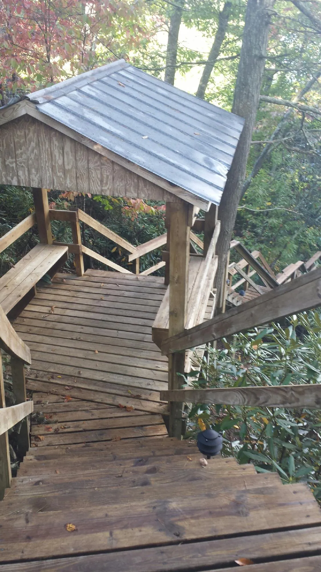 Metal roofed shelter over wooden steps on a wooded walkway — Skylight Repair & Installation work by our crew in Eldorado